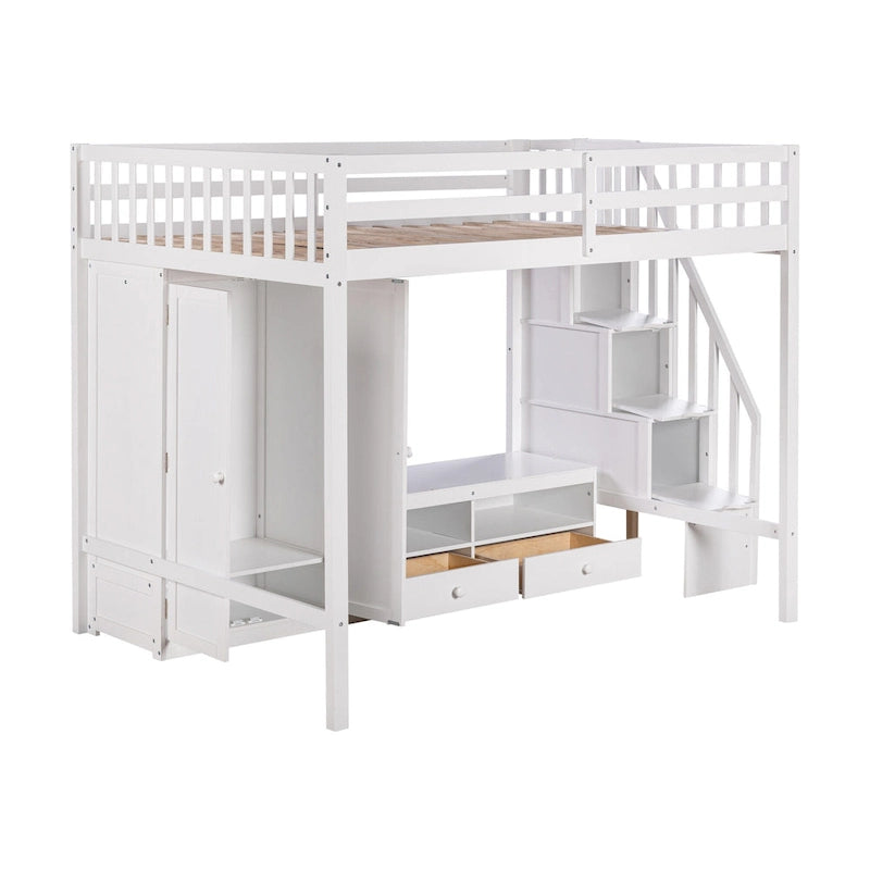 Lit mezzanine blanc en bois massif pleine grandeur avec armoire intégrée et escalier de rangement
