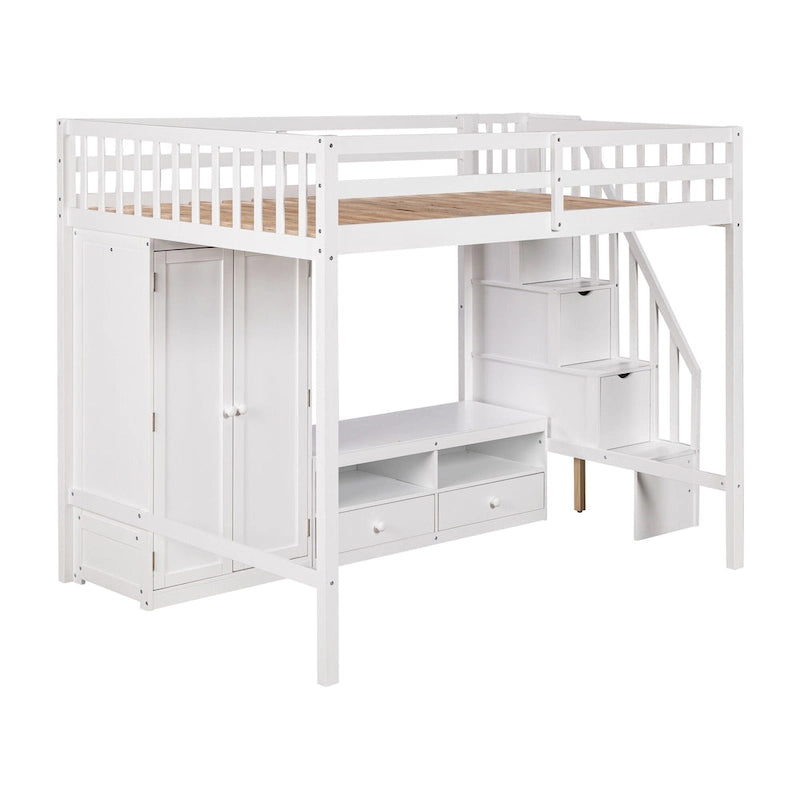 Lit mezzanine blanc en bois massif pleine grandeur avec armoire intégrée et escalier de rangement