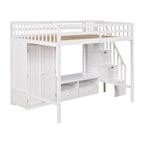 Lit mezzanine blanc en bois massif pleine grandeur avec armoire intégrée et escalier de rangement