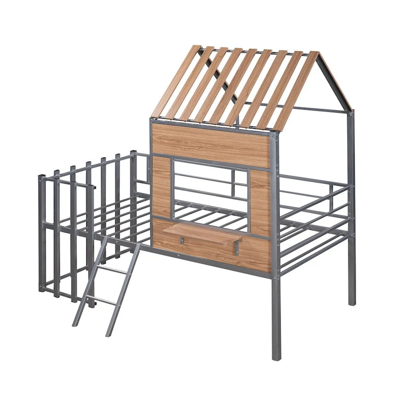 Lit mezzanine maison en métal gris de taille double avec toit en bois, fenêtre et barrière de sécurité