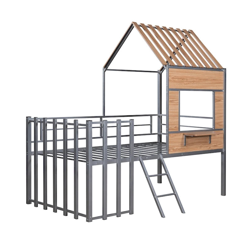 Lit mezzanine maison en métal gris de taille double avec toit en bois, fenêtre et barrière de sécurité