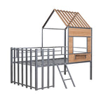 Lit mezzanine maison en métal gris de taille double avec toit en bois, fenêtre et barrière de sécurité