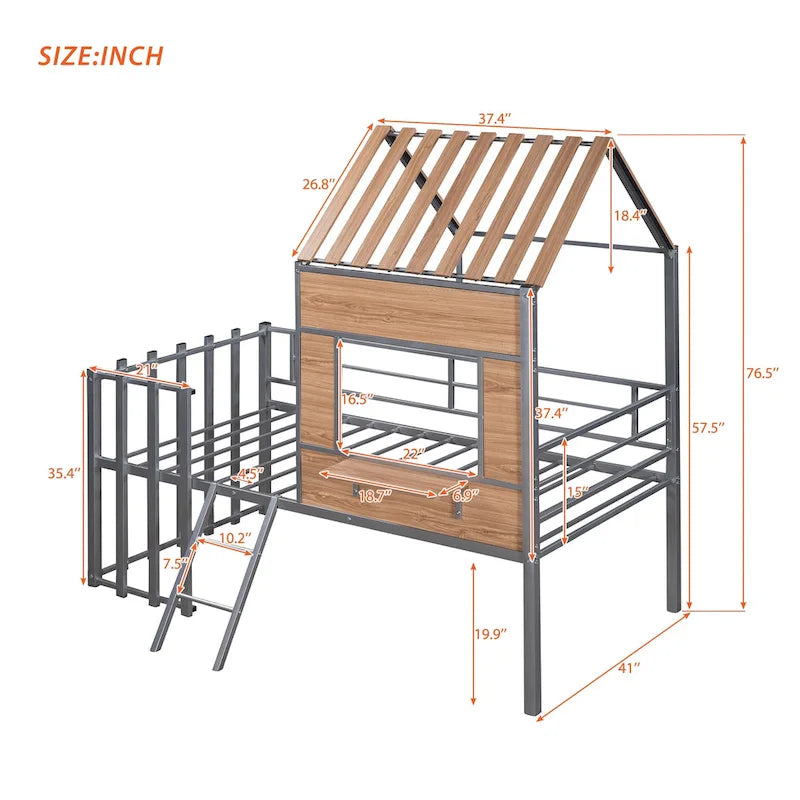 Lit mezzanine maison en métal gris de taille double avec toit en bois, fenêtre et barrière de sécurité