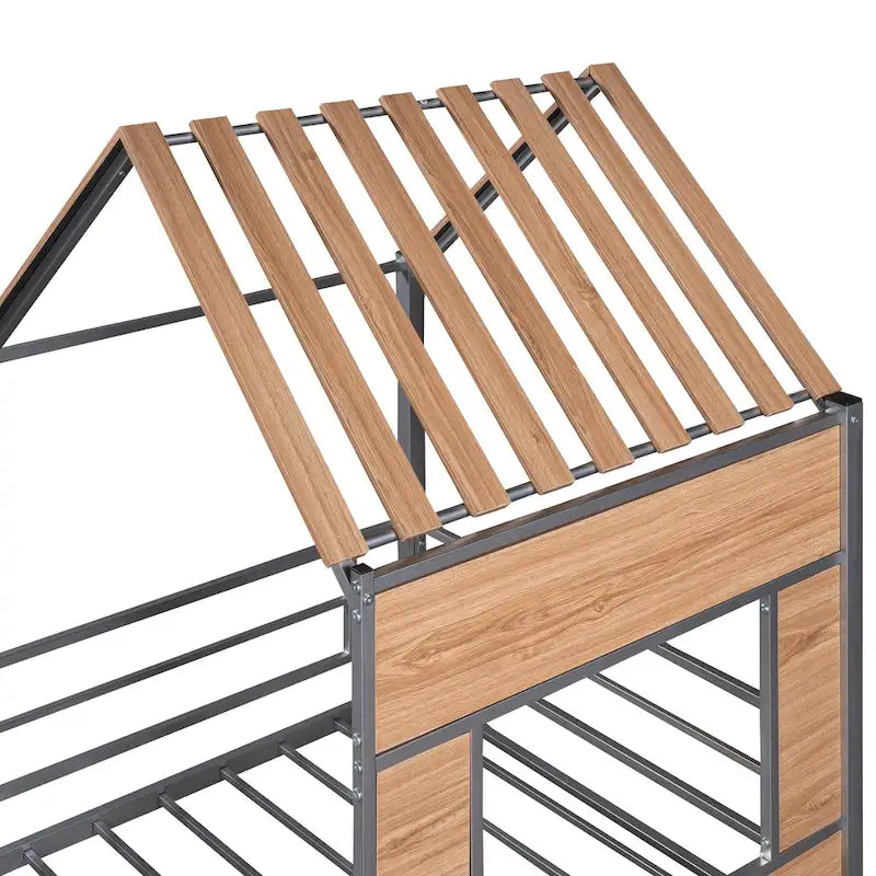 Lit mezzanine maison en métal gris de taille double avec toit en bois, fenêtre et barrière de sécurité