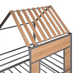 Lit mezzanine maison en métal gris de taille double avec toit en bois, fenêtre et barrière de sécurité