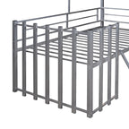 Lit mezzanine maison en métal gris de taille double avec toit en bois, fenêtre et barrière de sécurité