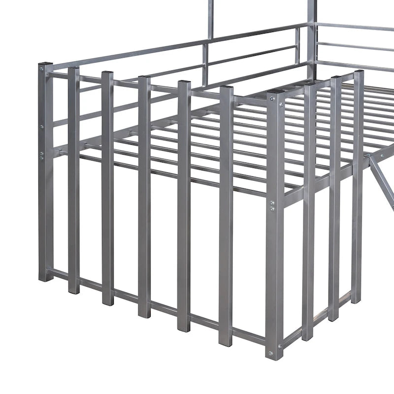 Lit mezzanine maison en métal gris de taille double avec toit en bois, fenêtre et barrière de sécurité