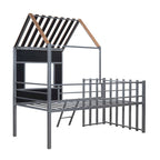 Lit mezzanine maison en métal gris de taille double avec toit en bois, fenêtre et barrière de sécurité