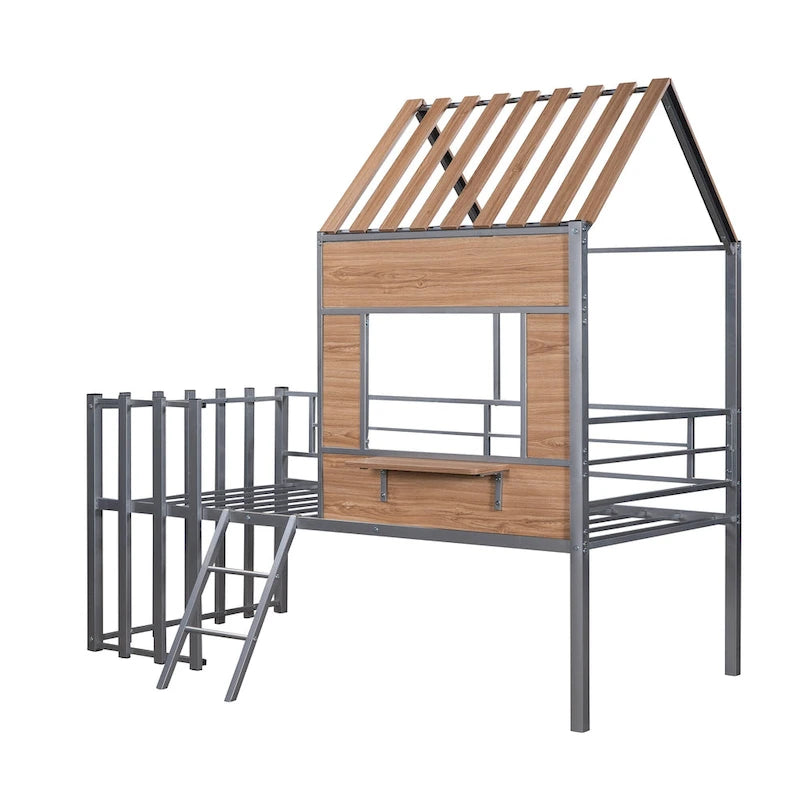Lit mezzanine maison en métal gris de taille double avec toit en bois, fenêtre et barrière de sécurité