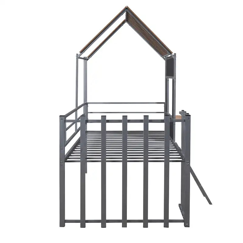 Lit mezzanine maison en métal gris de taille double avec toit en bois, fenêtre et barrière de sécurité