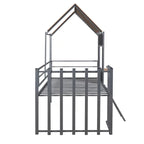 Lit mezzanine maison en métal gris de taille double avec toit en bois, fenêtre et barrière de sécurité