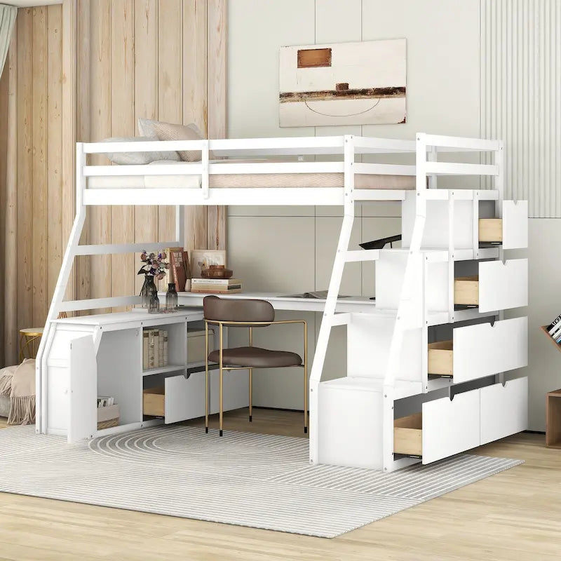 Lit mezzanine blanc simple en bois massif avec escalier de rangement à 6 tiroirs, bureau et armoire