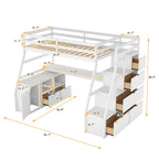 White Twin Size Wood Loft Bed with Drawers, Shelves, Ladder, and Desk