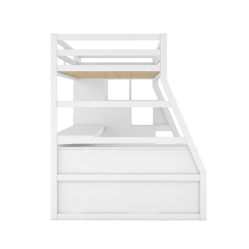 Lit mezzanine blanc simple en bois massif avec escalier de rangement à 6 tiroirs, bureau et armoire
