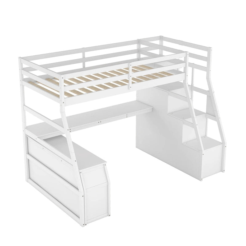 Lit mezzanine blanc simple en bois massif avec escalier de rangement à 6 tiroirs, bureau et armoire