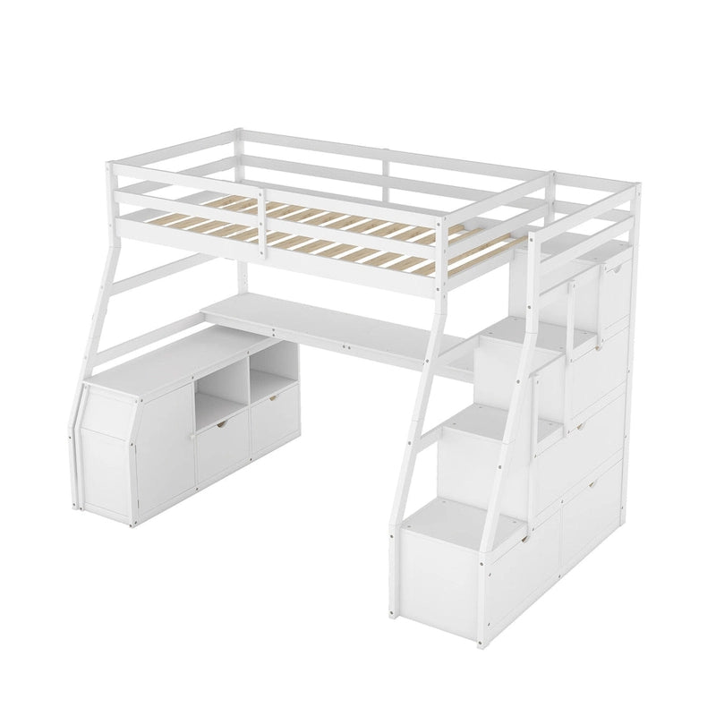 Lit mezzanine blanc simple en bois massif avec escalier de rangement à 6 tiroirs, bureau et armoire