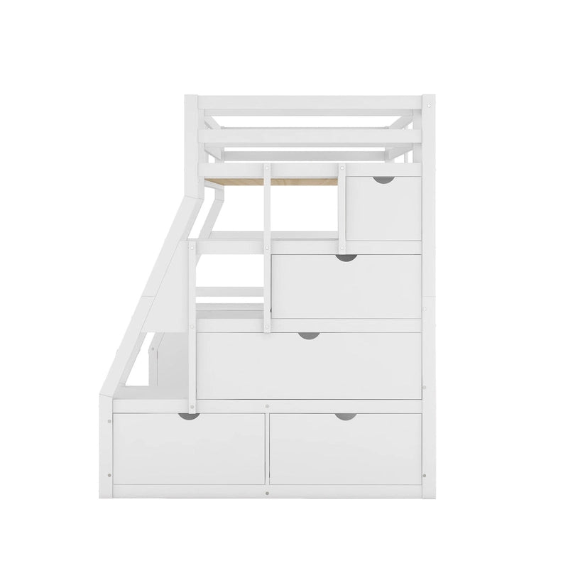 Lit mezzanine blanc simple en bois massif avec escalier de rangement à 6 tiroirs, bureau et armoire
