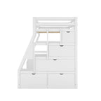 Lit mezzanine blanc simple en bois massif avec escalier de rangement à 6 tiroirs, bureau et armoire