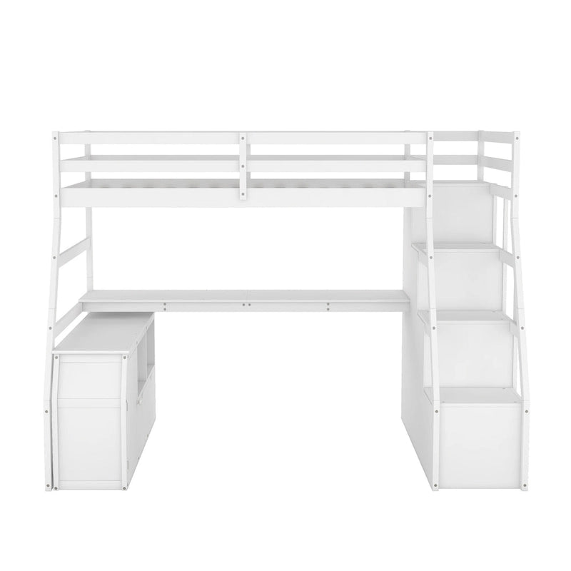 Lit mezzanine blanc simple en bois massif avec escalier de rangement à 6 tiroirs, bureau et armoire