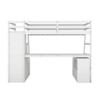 Lit mezzanine blanc simple en bois massif avec escalier de rangement à 6 tiroirs, bureau et armoire