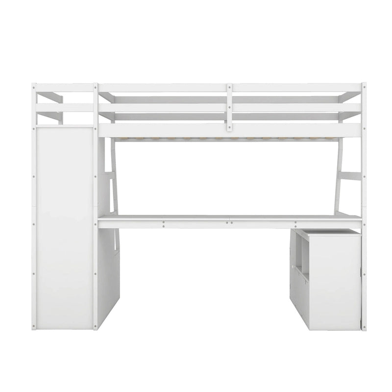 Lit mezzanine blanc simple en bois massif avec escalier de rangement à 6 tiroirs, bureau et armoire