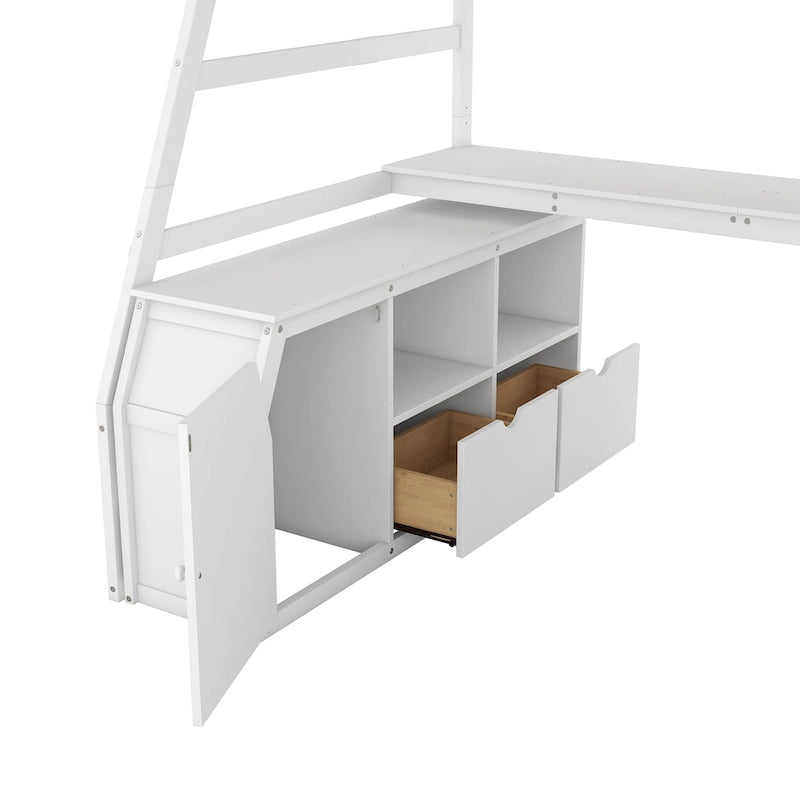 Lit mezzanine blanc simple en bois massif avec escalier de rangement à 6 tiroirs, bureau et armoire