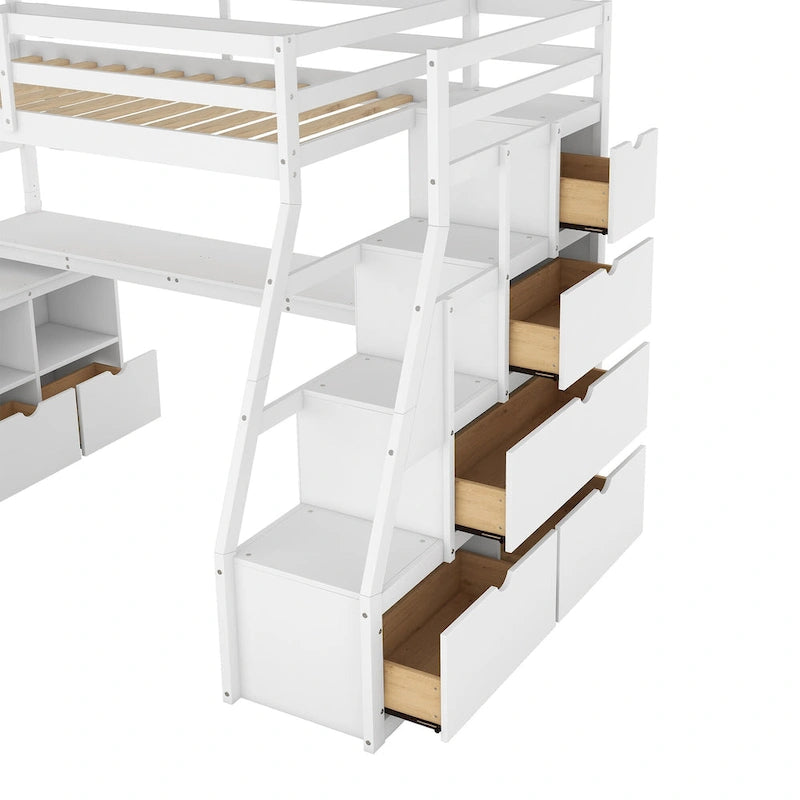 Lit mezzanine blanc simple en bois massif avec escalier de rangement à 6 tiroirs, bureau et armoire