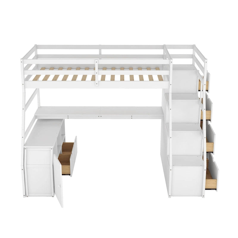 Lit mezzanine blanc simple en bois massif avec escalier de rangement à 6 tiroirs, bureau et armoire