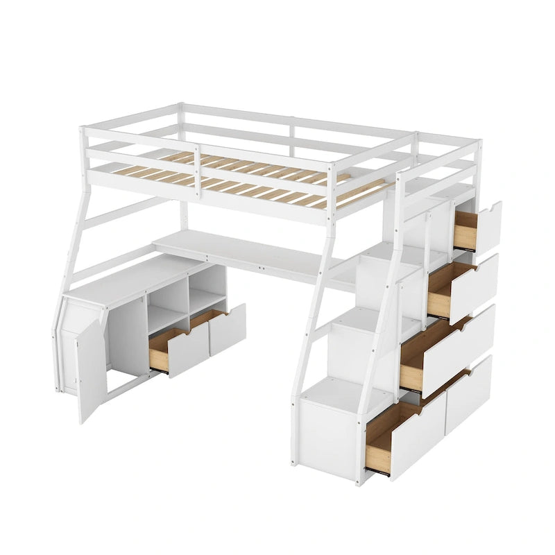 Lit mezzanine blanc simple en bois massif avec escalier de rangement à 6 tiroirs, bureau et armoire