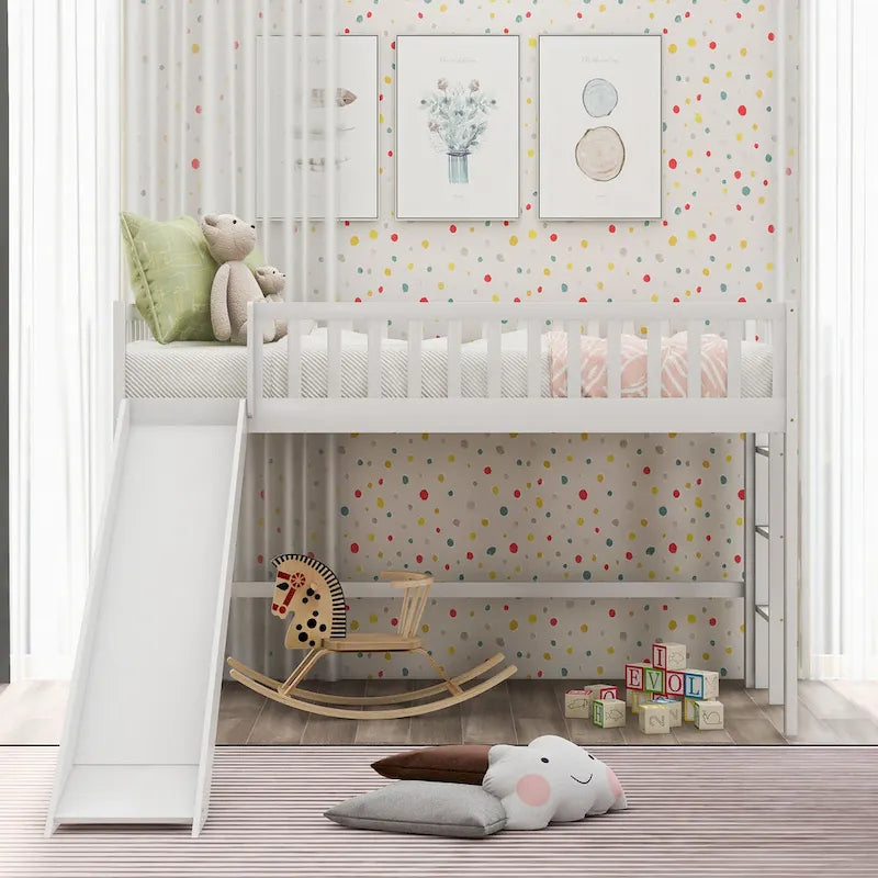 White Twin Size Wood Low Loft Bed with Ladder and Slide for Kids, Boys and Girls