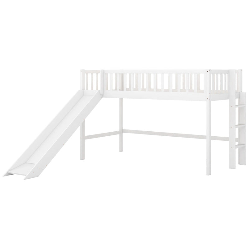Lit mezzanine bas en pin massif blanc, format jumeau, avec glissière amovible et échelle verticale côté droit