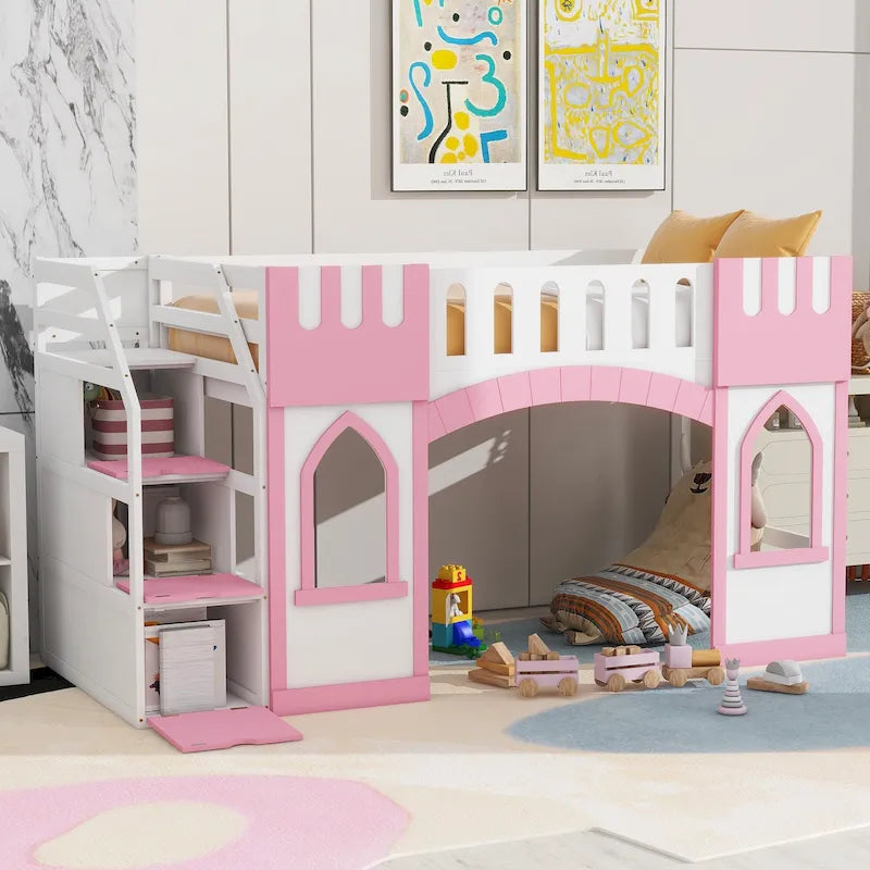Lit mezzanine rose en bois massif avec escalier de rangement et fenêtre pour enfants, garçons et filles