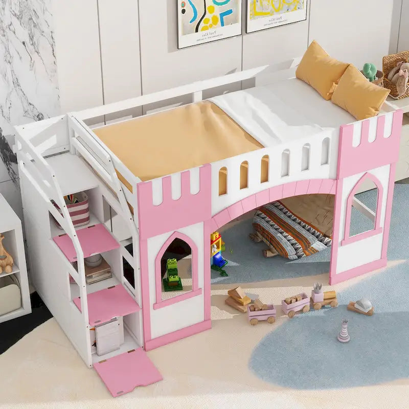 Lit mezzanine rose en bois massif avec escalier de rangement et fenêtre pour enfants, garçons et filles