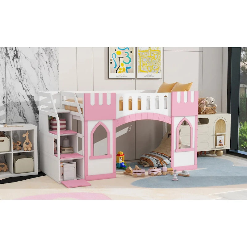 Lit mezzanine rose en bois massif avec escalier de rangement et fenêtre pour enfants, garçons et filles