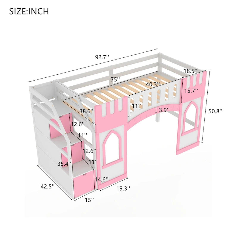 Lit mezzanine rose en bois massif avec escalier de rangement et fenêtre pour enfants, garçons et filles