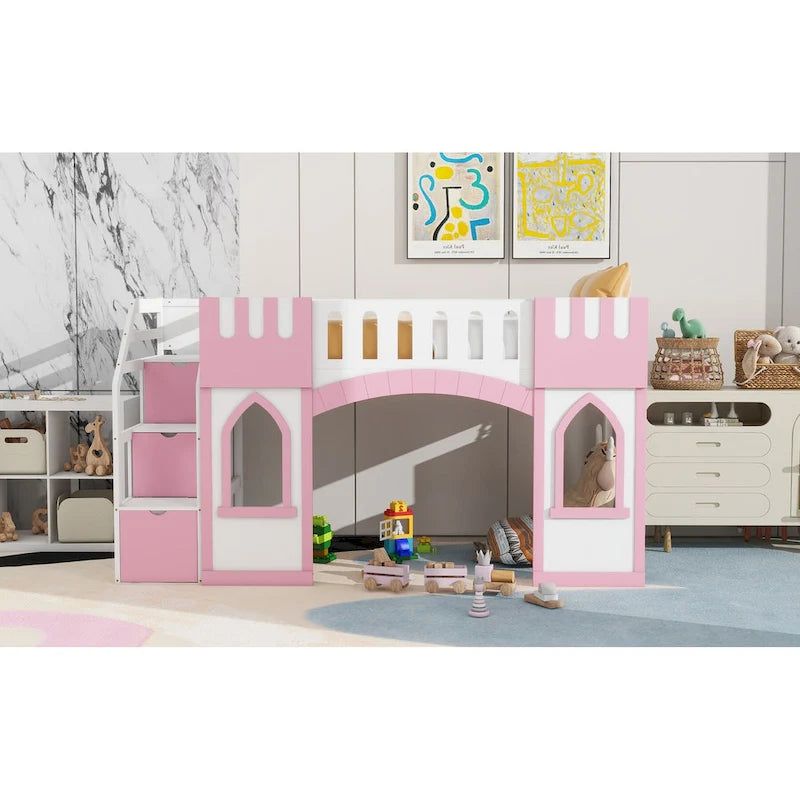 Lit mezzanine rose en bois massif avec escalier de rangement et fenêtre pour enfants, garçons et filles