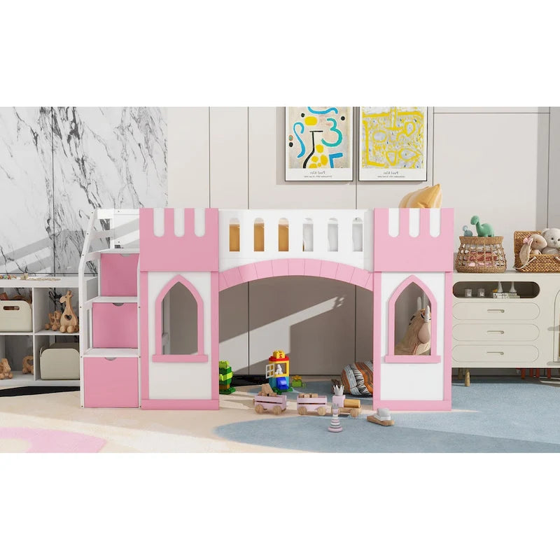 Lit mezzanine rose en bois massif avec escalier de rangement et fenêtre pour enfants, garçons et filles