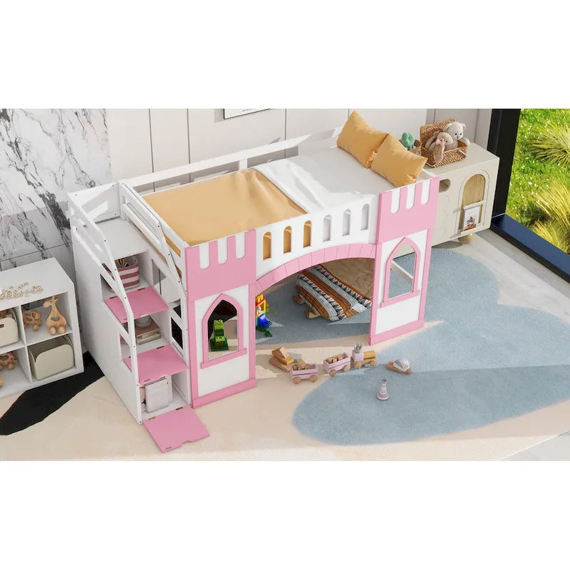 Lit mezzanine rose en bois massif avec escalier de rangement et fenêtre pour enfants, garçons et filles