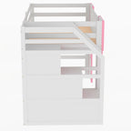 Lit mezzanine rose en bois massif avec escalier de rangement et fenêtre pour enfants, garçons et filles