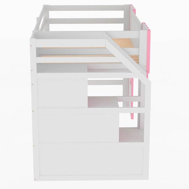 Lit mezzanine rose en bois massif avec escalier de rangement et fenêtre pour enfants, garçons et filles