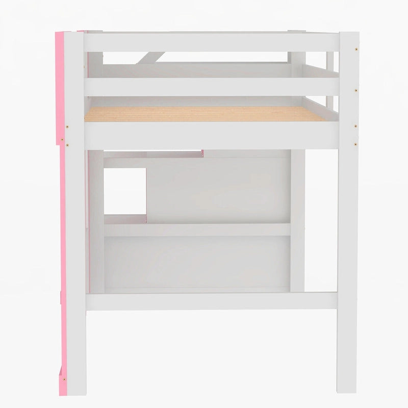 Lit mezzanine rose en bois massif avec escalier de rangement et fenêtre pour enfants, garçons et filles