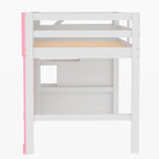 Lit mezzanine rose en bois massif avec escalier de rangement et fenêtre pour enfants, garçons et filles