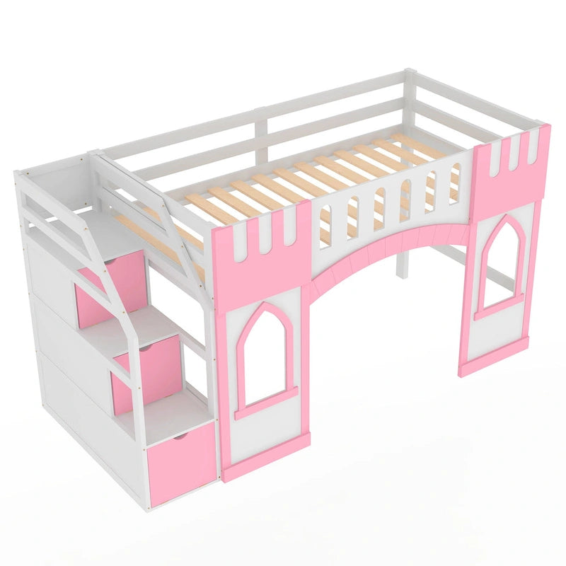 Lit mezzanine rose en bois massif avec escalier de rangement et fenêtre pour enfants, garçons et filles