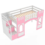 Lit mezzanine rose en bois massif avec escalier de rangement et fenêtre pour enfants, garçons et filles