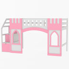 Lit mezzanine rose en bois massif avec escalier de rangement et fenêtre pour enfants, garçons et filles