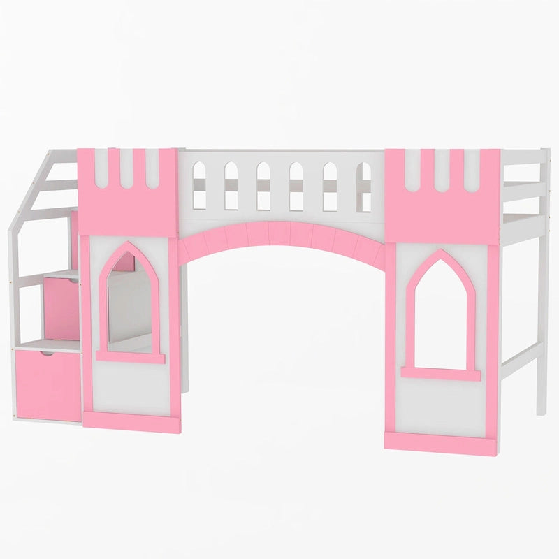 Lit mezzanine rose en bois massif avec escalier de rangement et fenêtre pour enfants, garçons et filles