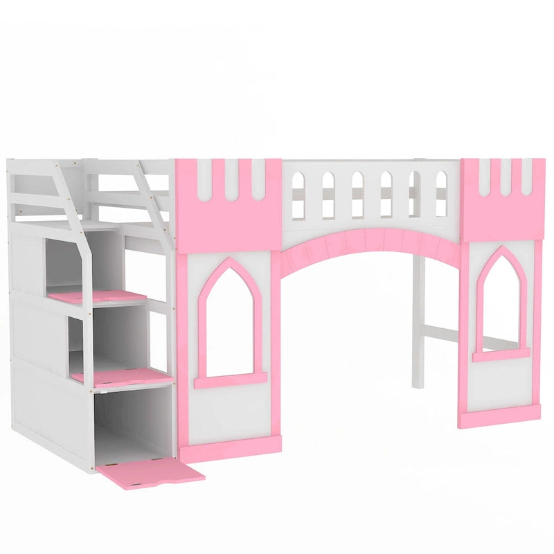 Lit mezzanine rose en bois massif avec escalier de rangement et fenêtre pour enfants, garçons et filles