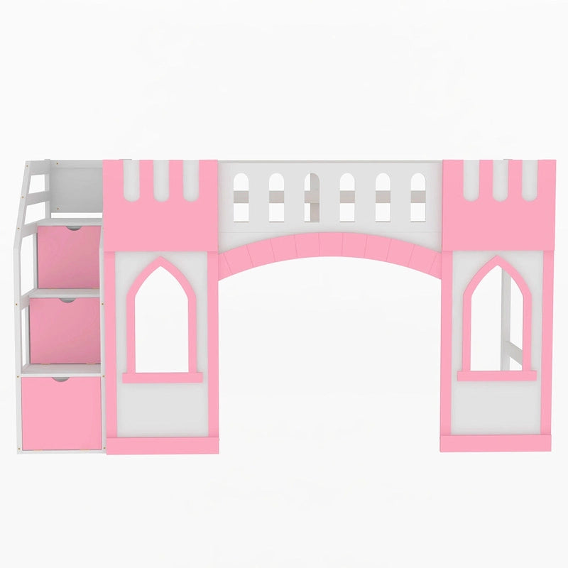 Lit mezzanine rose en bois massif avec escalier de rangement et fenêtre pour enfants, garçons et filles