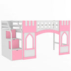 Lit mezzanine rose en bois massif avec escalier de rangement et fenêtre pour enfants, garçons et filles