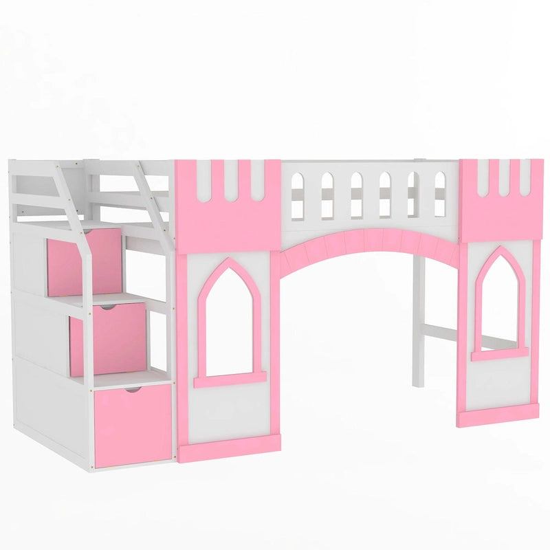 Lit mezzanine rose en bois massif avec escalier de rangement et fenêtre pour enfants, garçons et filles
